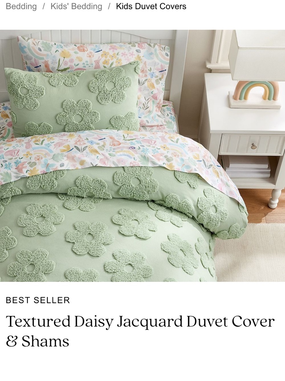 Pottery Barn Kids Sage Green Daisy Jacquard Duvet Cover & Shams